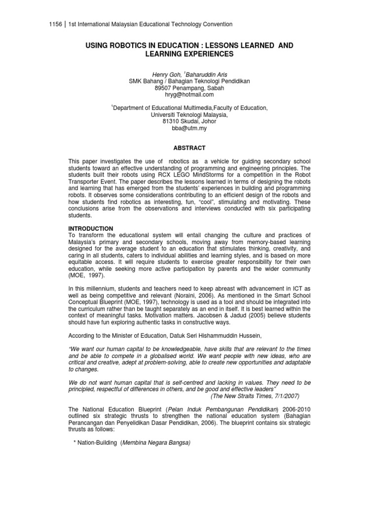 Using Robotics in Education: Lessons Learned and Learning Experiences ...