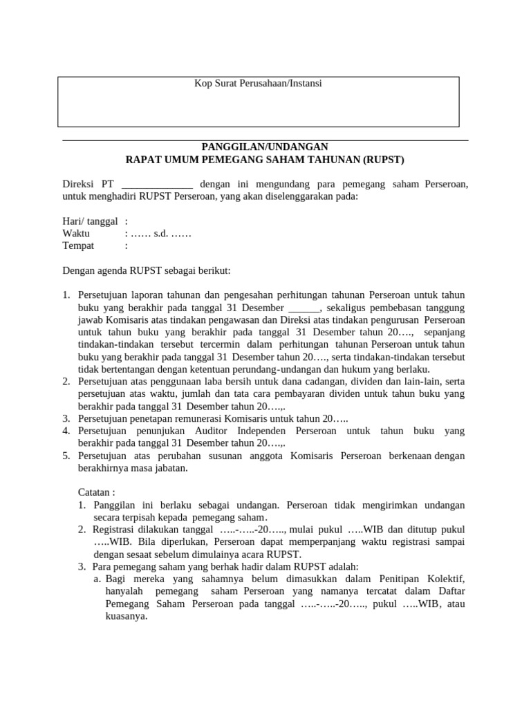 Contoh Surat Undangan Rapat Umum Pemegang Saham Tahunan | PDF