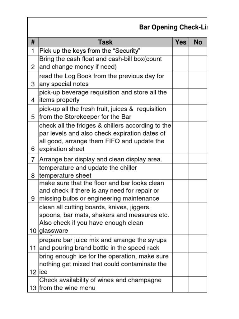 Bar Opening And Closing Checklist Template