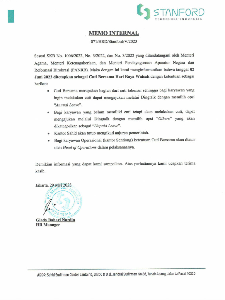 Memo Cuti Bersama Hari Raya Waisak - 6 | PDF