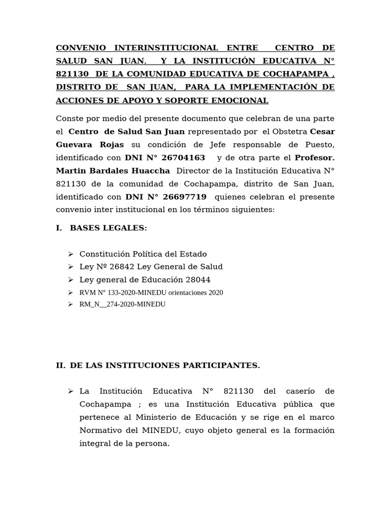 Convenio de Salud y Educación en Cochapampa | PDF
