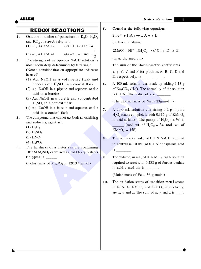 Redox Reactions 1 Pdf Chemistry Chemical Substances
