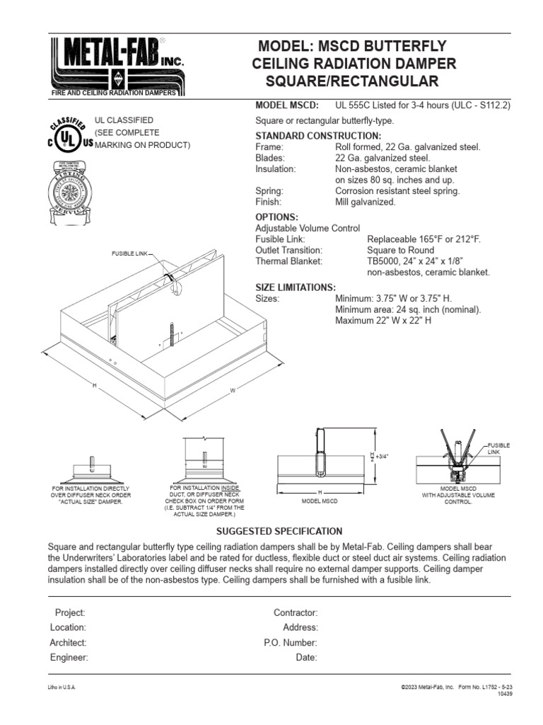 MSCD Ceiling Radiation Damper Specs | PDF | Duct (Flow) | Building ...