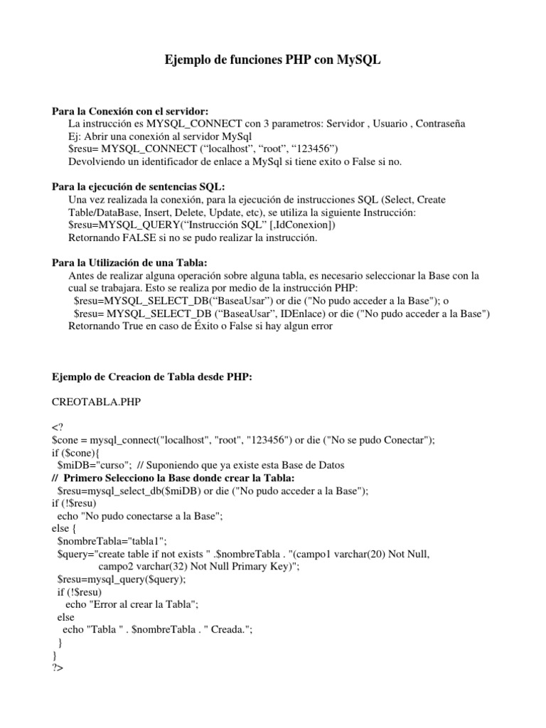 Funciones PHP y MySQL: Conexión y Ejemplos | PDF | SQL | Tabla (base de ...