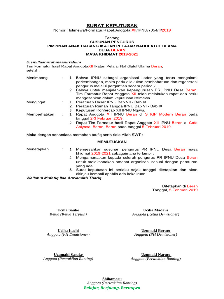 Susunan Pengurus IPNU Desa Beran 2019-2021 | PDF
