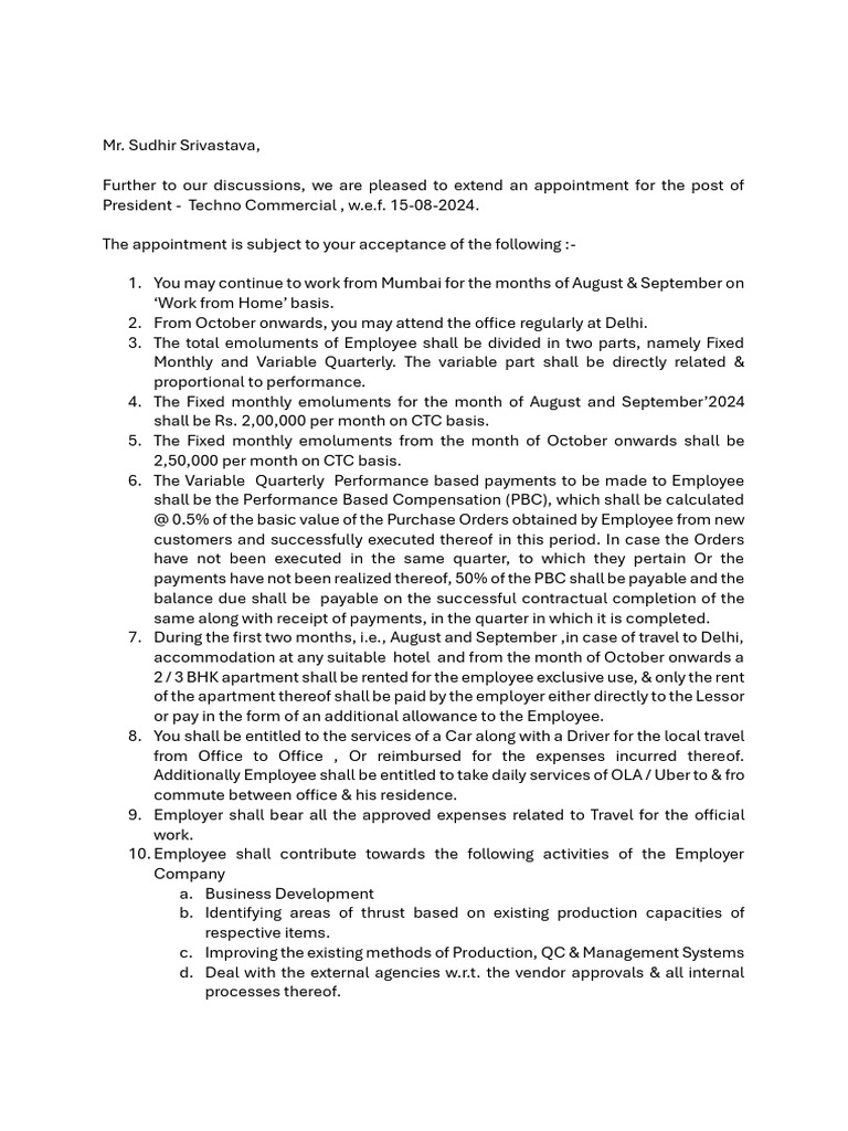 Appointment Terms Sudhir Srivastava | PDF | Employment | Business Law