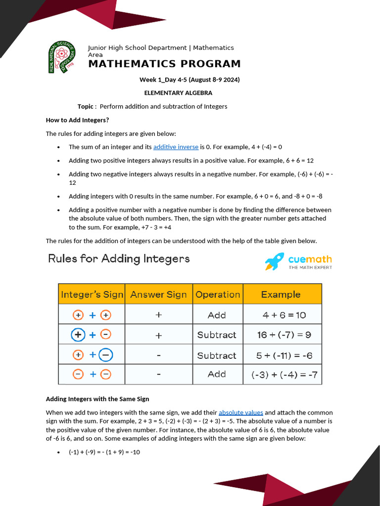 Adding and Subtracting Integers Guide | PDF | Subtraction | Numbers