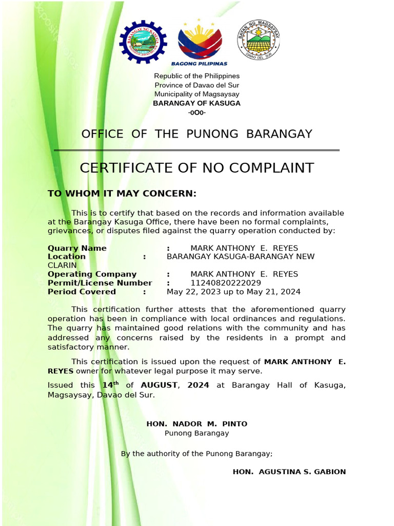 Certificate of NO COMPLAINT PDF