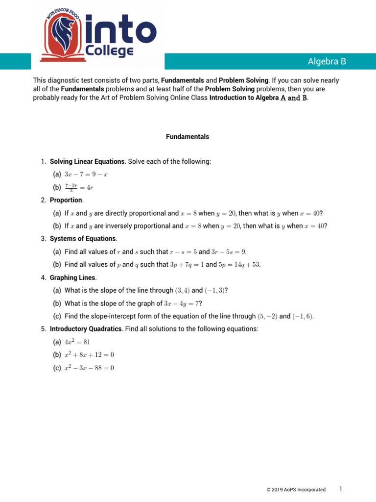 Algebra B Pretest Student PDF Algebra Equations