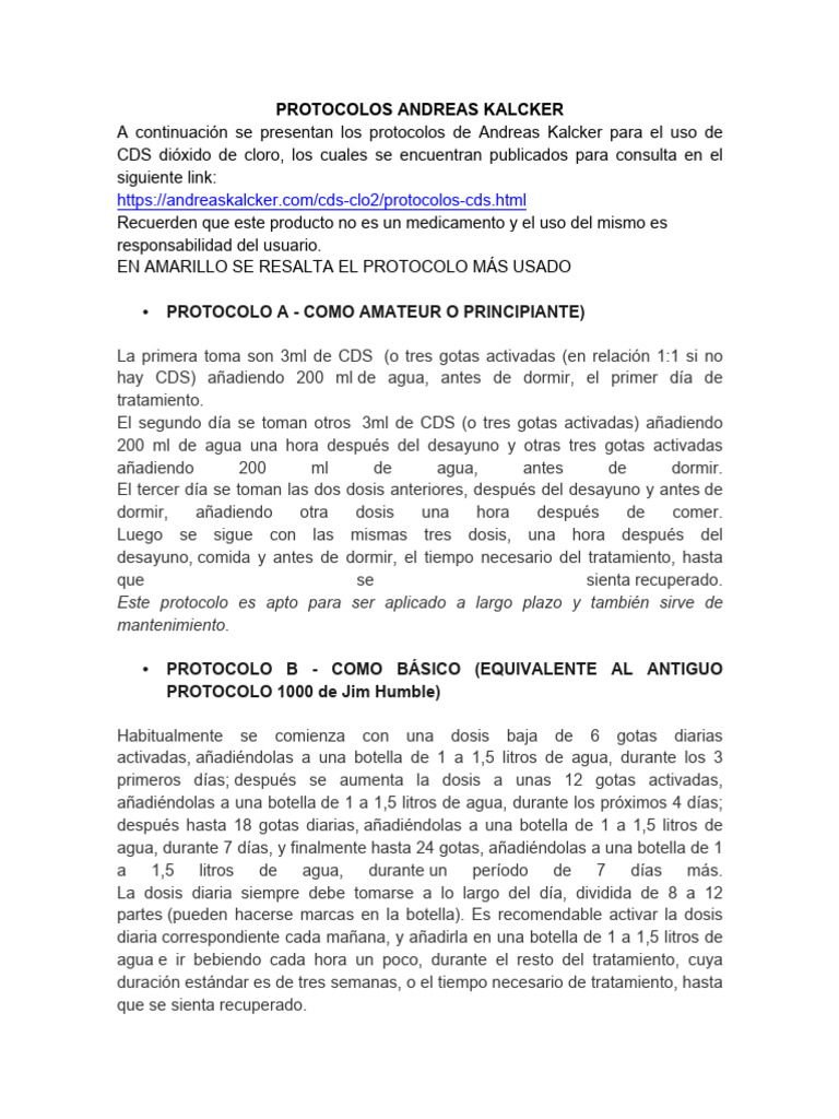 Protocolos de CDS de Andreas Kalcker PDF Agua Malaria