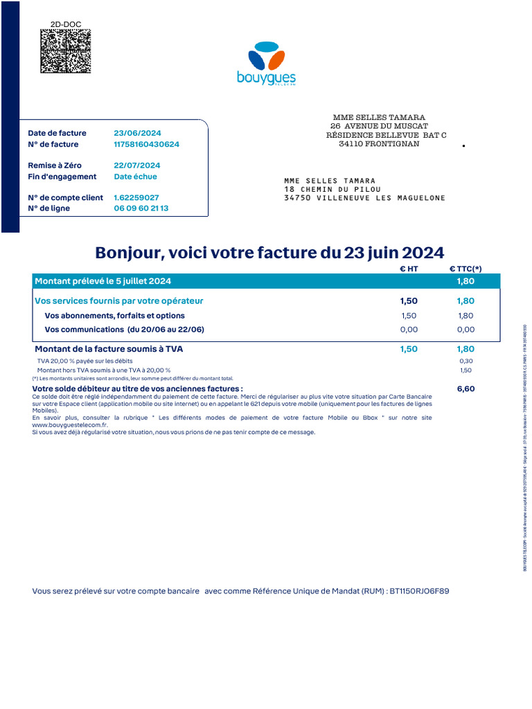 Facture Bouygues Telecom - Juin 2024 | PDF | Taxe sur la valeur ajoutée ...