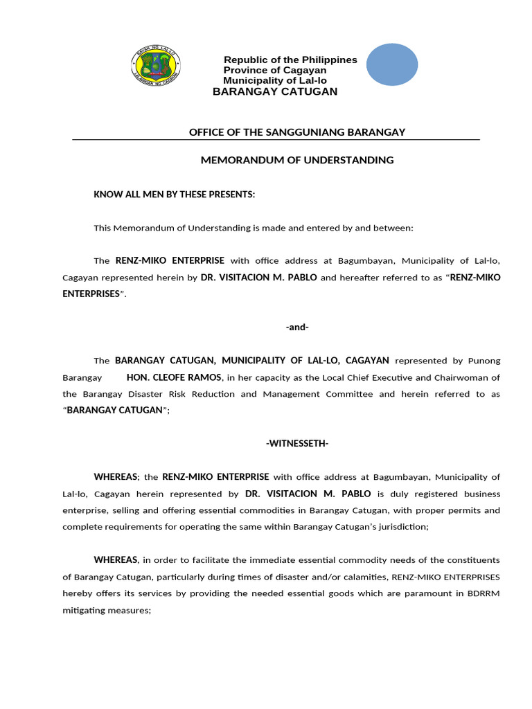 MOU for Essential Goods in Barangay Catugan | PDF | Social Science