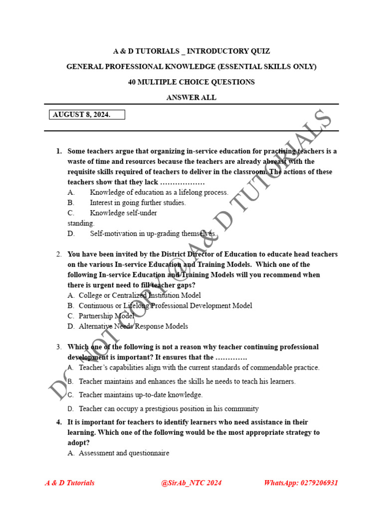 Answers - A & D Introductory Quiz - Essential Skills | PDF ...