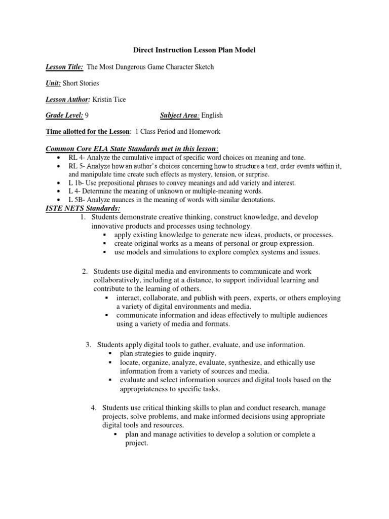 Direct Instruction Lesson Plan Model: Common Core ELA State Standards