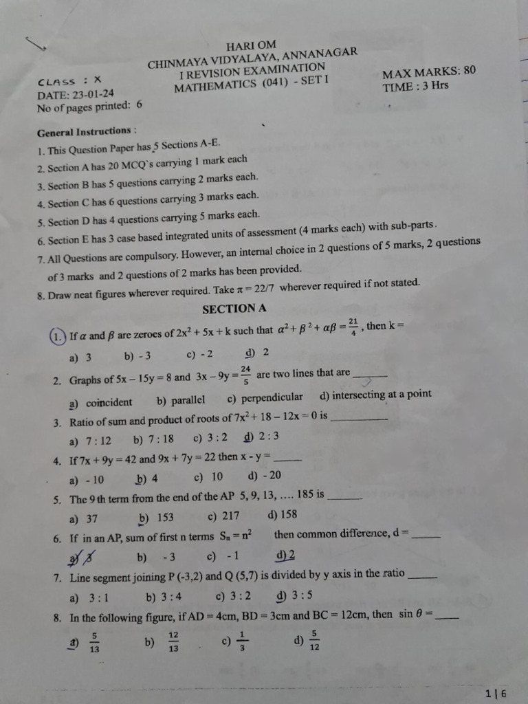 Class 10 Maths Objective Questions | PDF | Area | Triangle