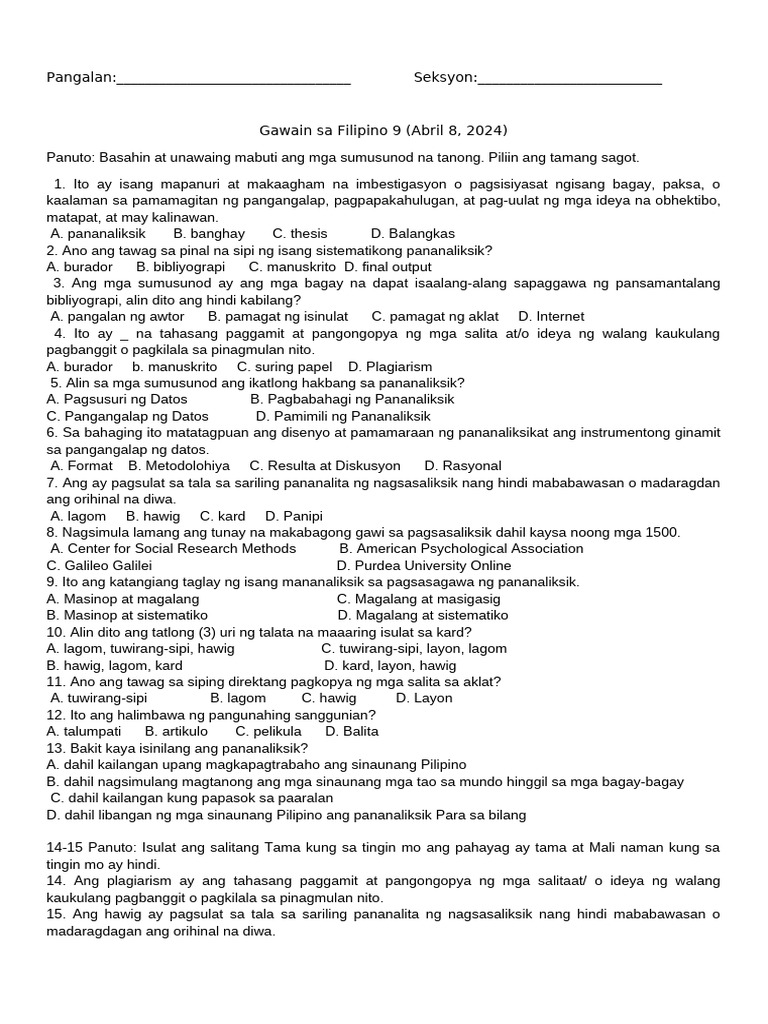 Activity Sheet Sa Filipino 9 Pdf