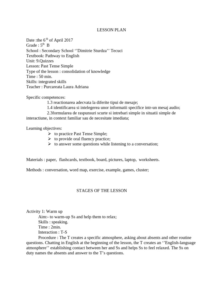 Past Tense Simple Lesson Plan | PDF | Lesson Plan | Grammatical Tense