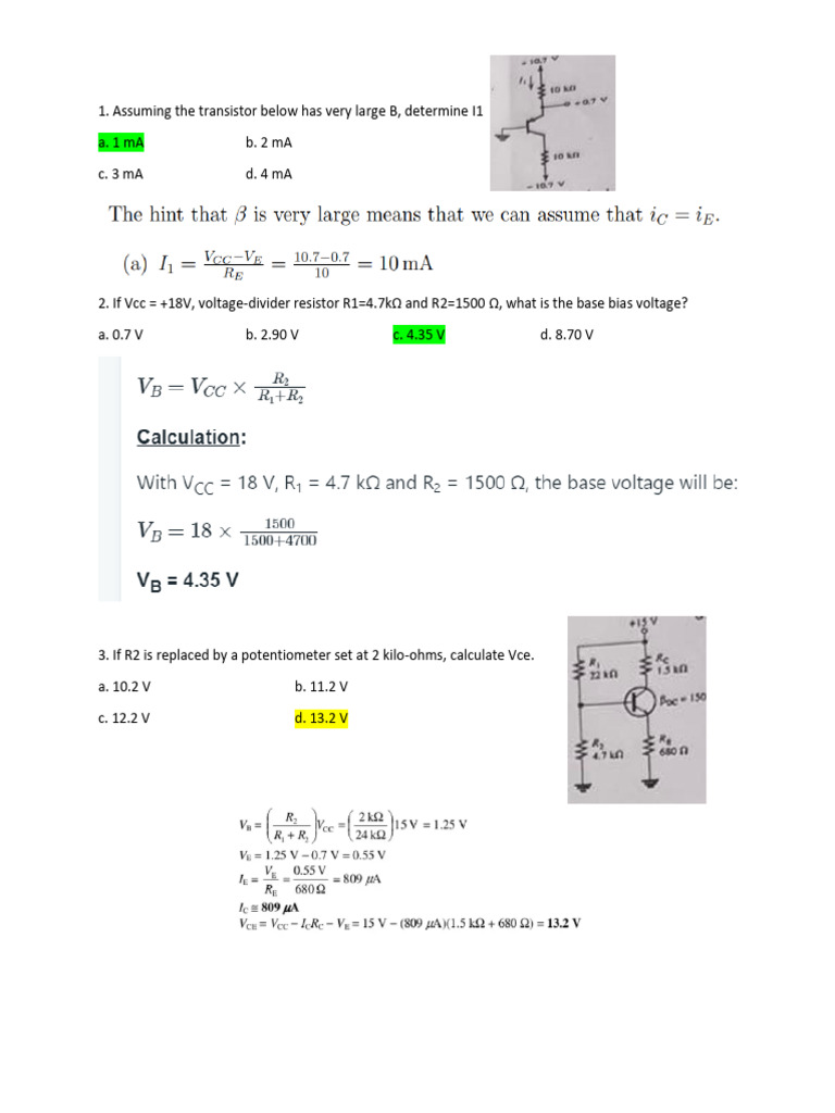 Transistor Circuit Analysis Questions | PDF | Amplifier | Electronic ...