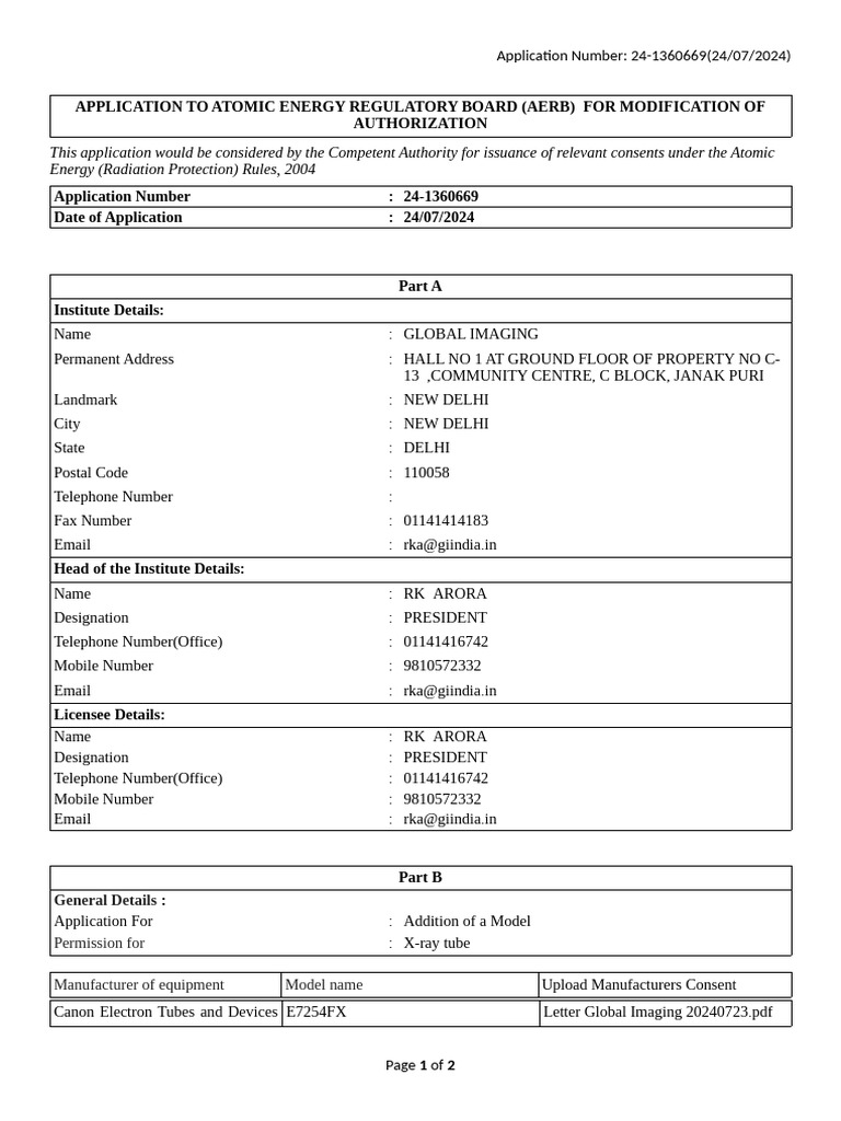 AERB Authorization Modification Application | PDF