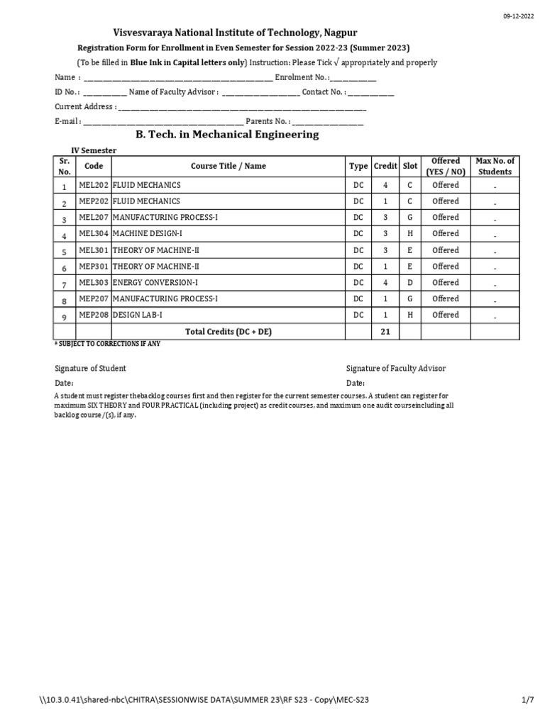 VNIT Nagpur Enrollment Form Summer 2023 | PDF | Automation | Applied ...