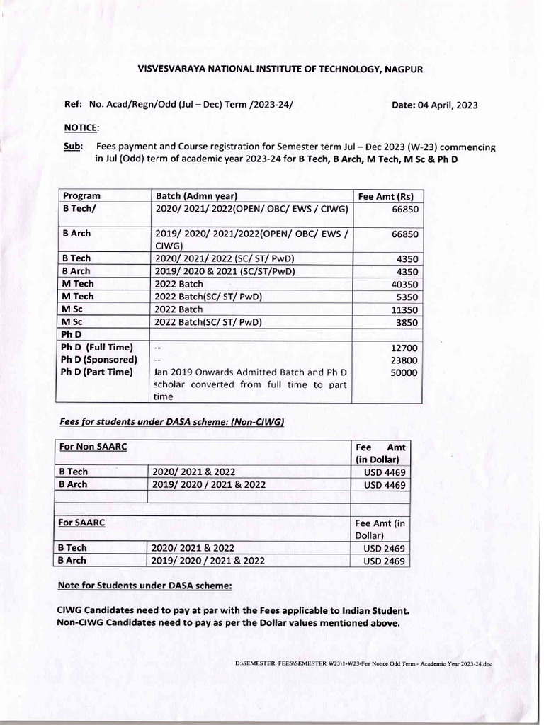 VNIT Nagpur Semester Fees Notice 2023-24 | PDF | Payments