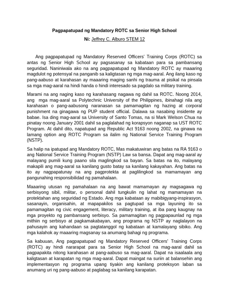 Pagpapatupad NG Mandatory ROTC Sa Senior High School | PDF