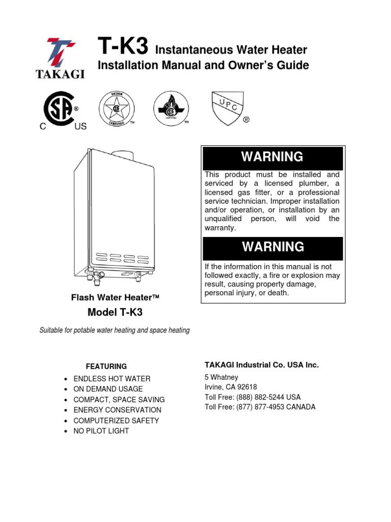 Instantaneous Water Heater Installation Manual and Owner's Guide PDF