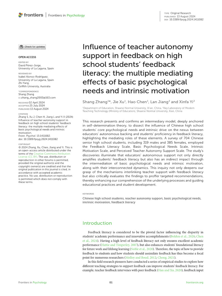 Influence of Teacher Autonomy Support in Feedback On High School ...