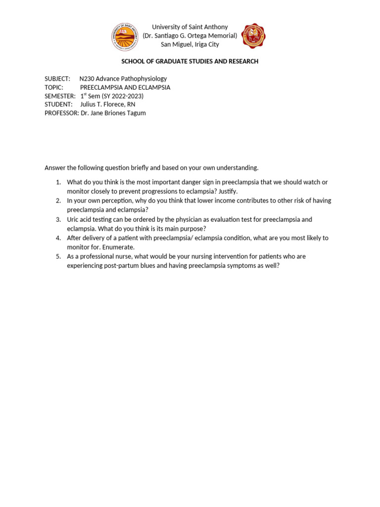 Preeclampsia and Eclampsia Questions PDF