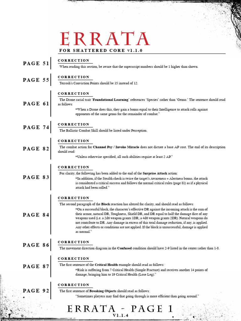 Shattered Core Errata and Corrections | PDF