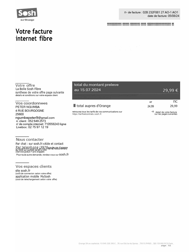 Facture Internet Fibre Sosh - Août 2024 | PDF | Secteurs du service ...
