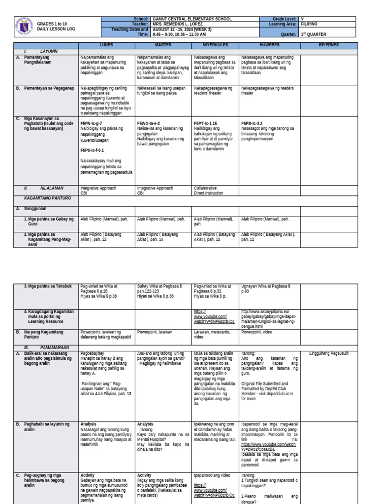 DLL Filipino 5 q1 w3 | PDF