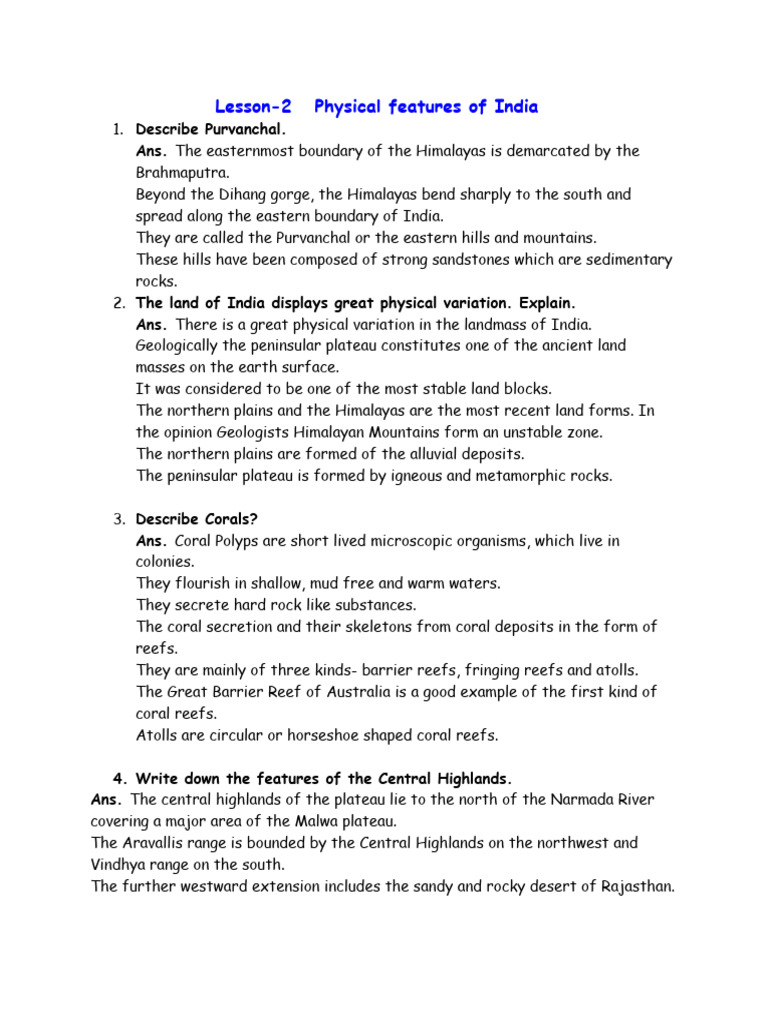 Ix physical features of india cw and gist of the lesson pdf