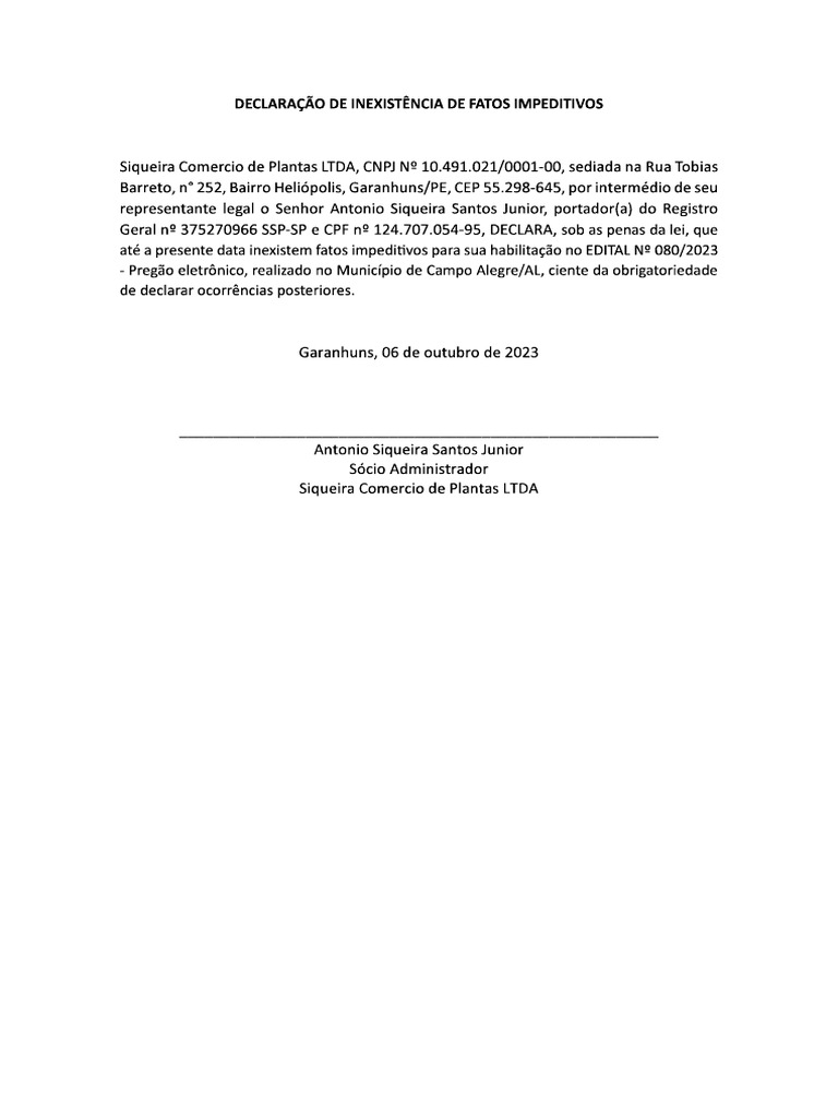 Declaração de Inexistência de Fatos Impeditivos | PDF