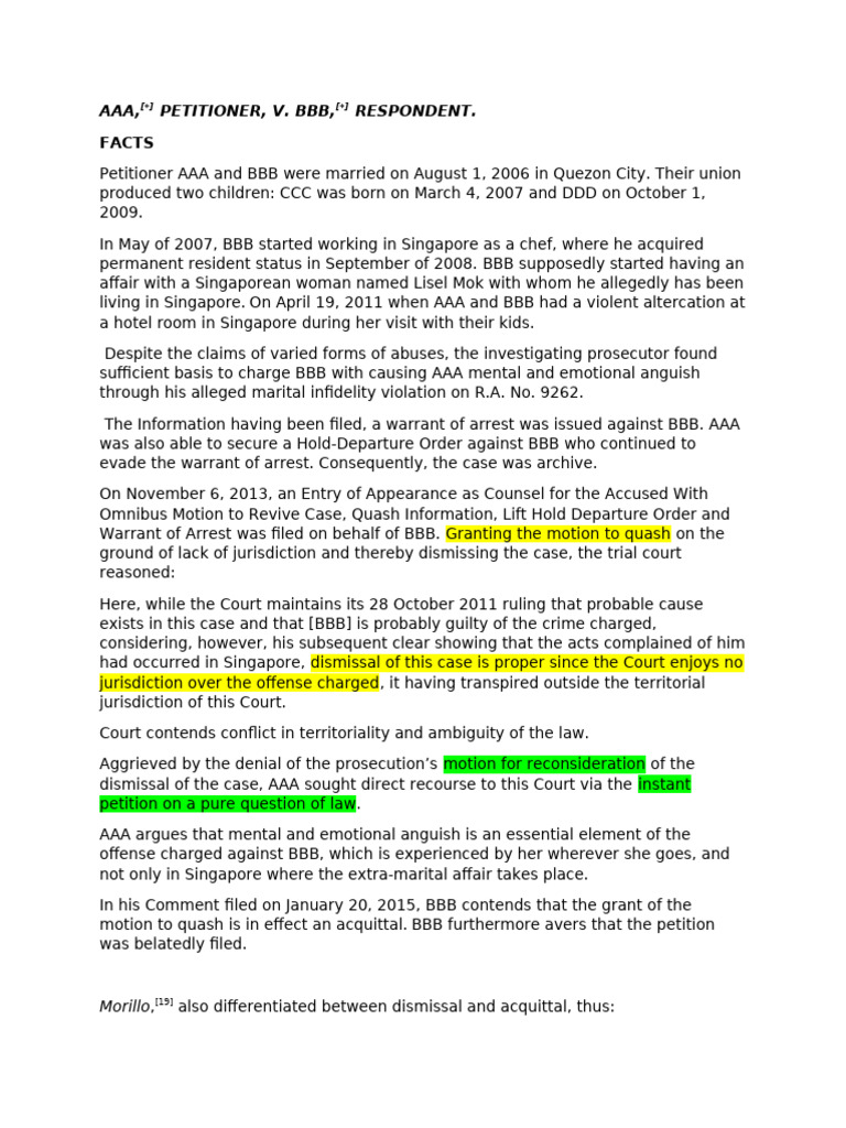Jurisdiction in AAA v. BBB Case | PDF | Acquittal | Arrest