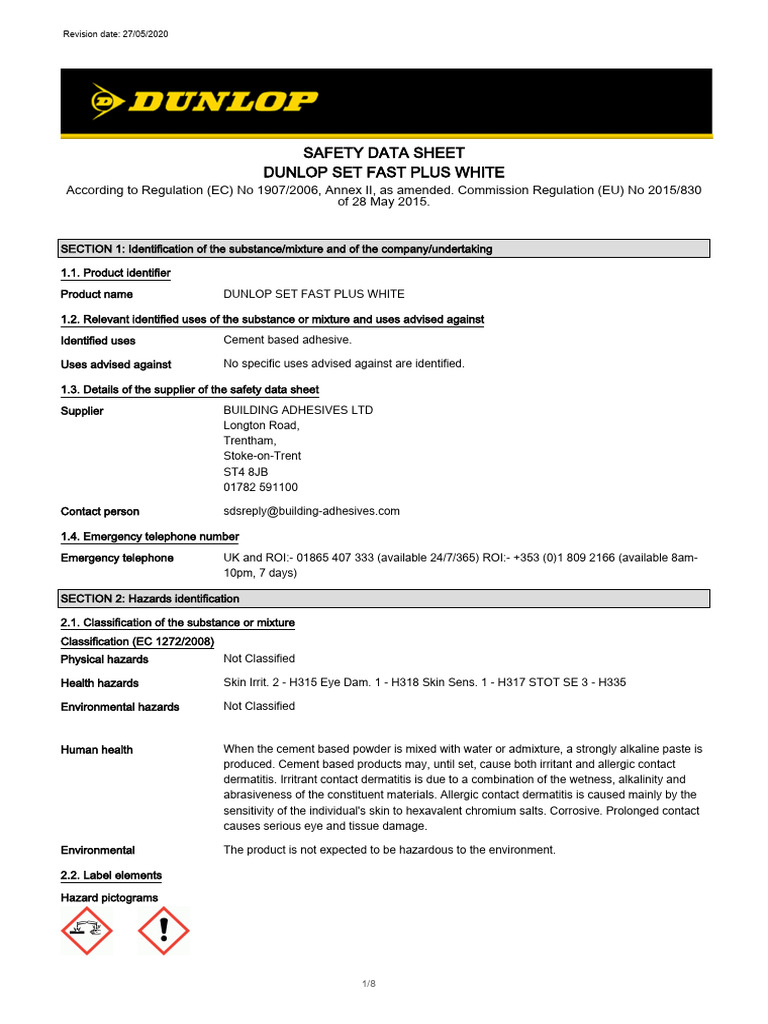 Dunlop Set Fast Plus White | PDF | Dangerous Goods | Toxicity