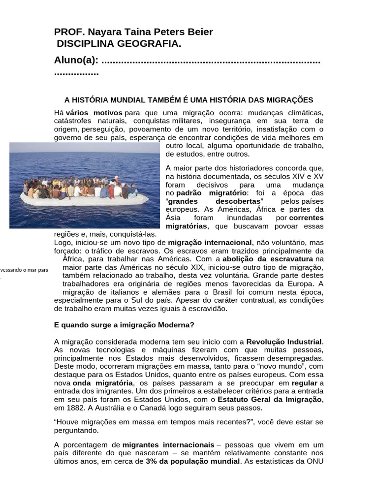 ATIVIDADE GEOGRAFIA 8 ANO MIGRAÇÕES | PDF | Imigração | Migração humana