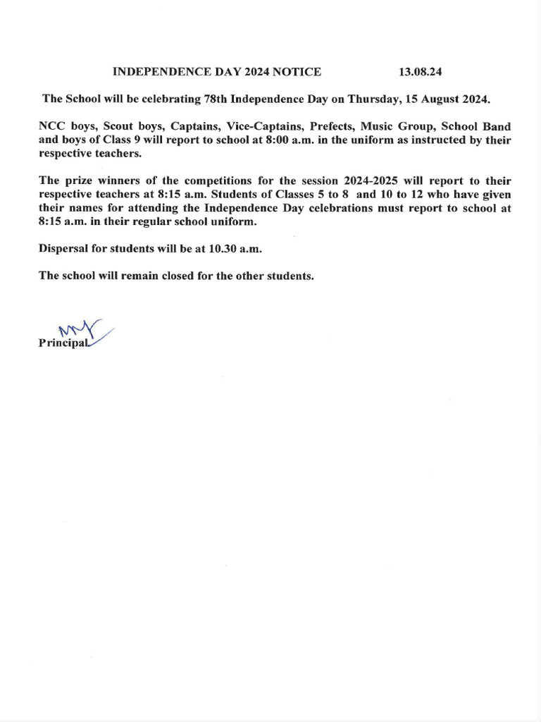 independence day holiday notice to parents