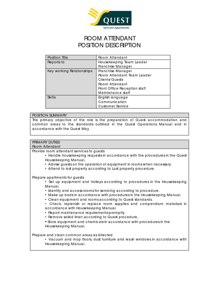 Room Attendant Position Description PDF Housekeeping Occupational