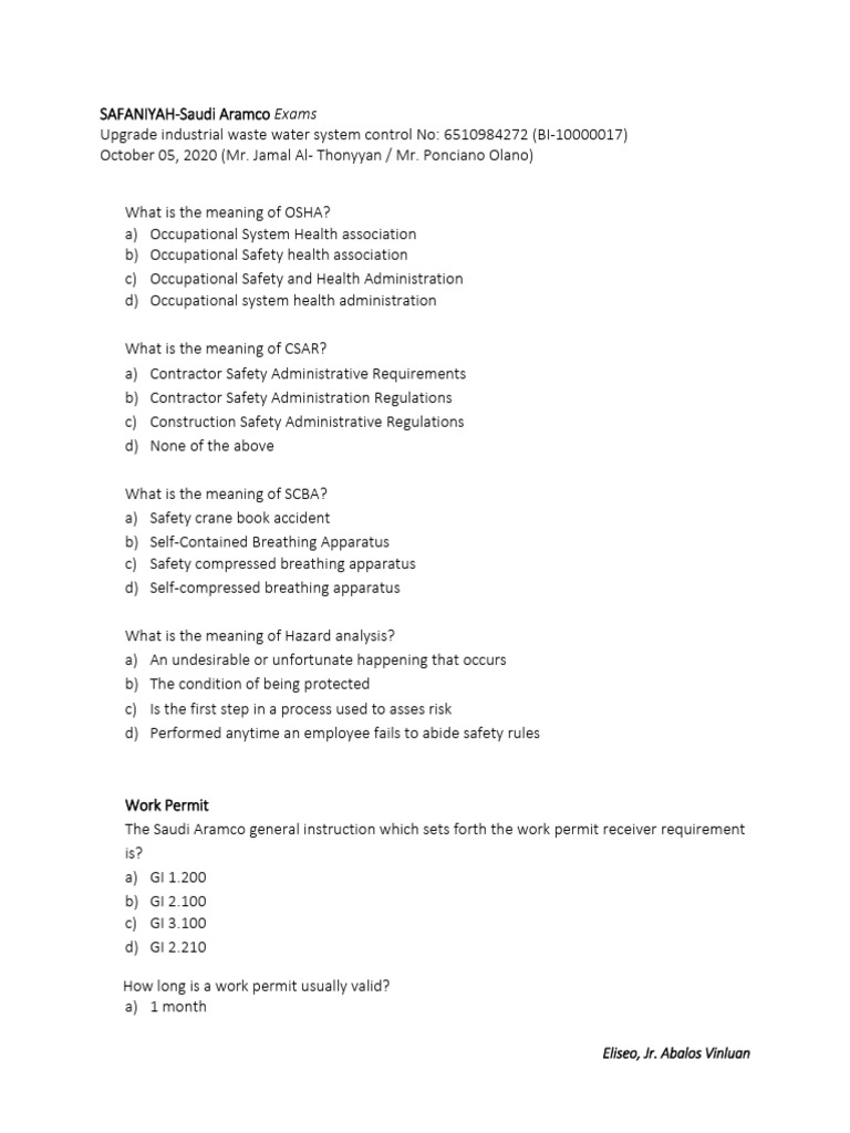 SAFANIYAH-Saudi Aramco Exams (05-Oct-20) | PDF | Scaffolding | Fires