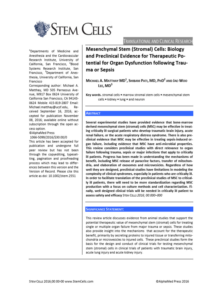 Ref 22 2016 MSC Sepsis Mesenchymal Stem (Stromal) Cells Biology | PDF ...