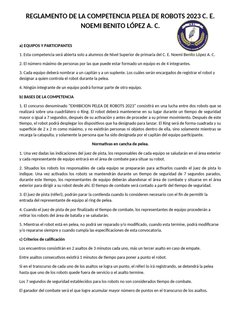 Reglamento De La Competencia Pelea De Robots 2023 PDF Robot Rob tica
