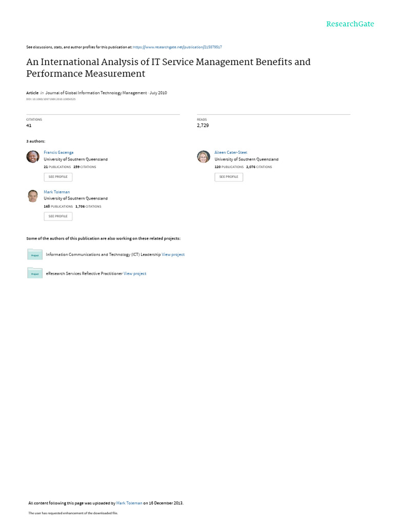 An International Analysis of IT Service Management Benefits and ...