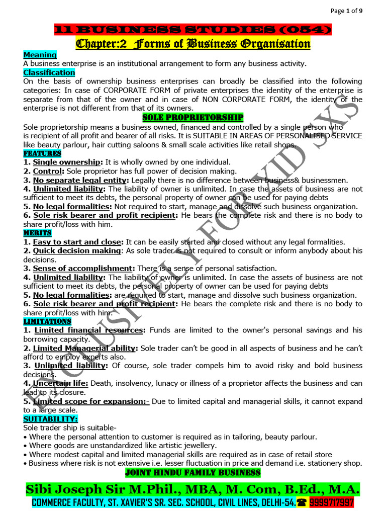 CH 2 Forms of Business Organisation Notes | PDF | Cooperative | Partnership