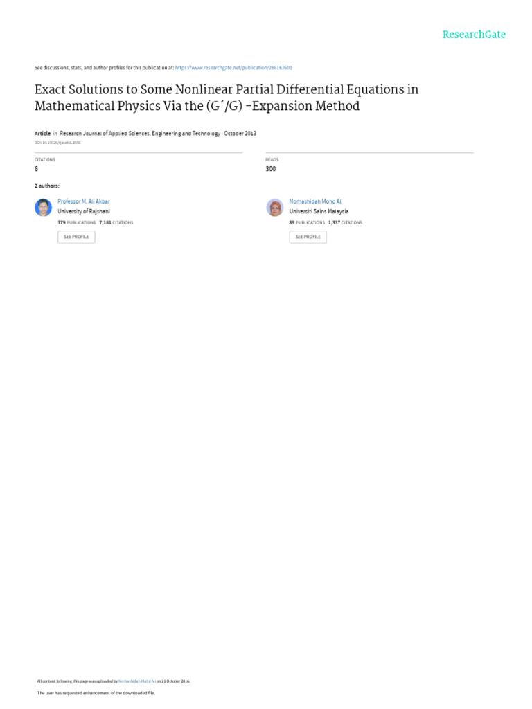 Exact Solutions To Some Nonlinear Partial Differential Equations in ...