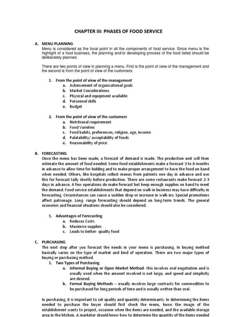 Phases of Food Service Management | PDF | Refrigerator | Menu