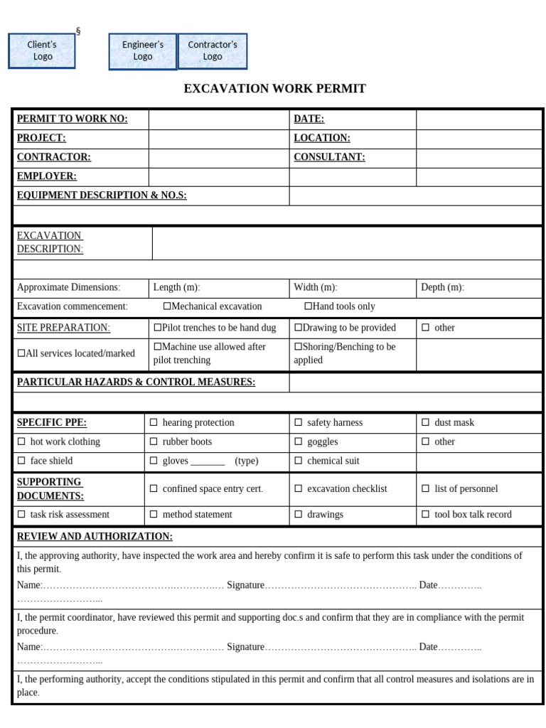 Excavation Work Permit Form | PDF | Personal Protective Equipment | Safety