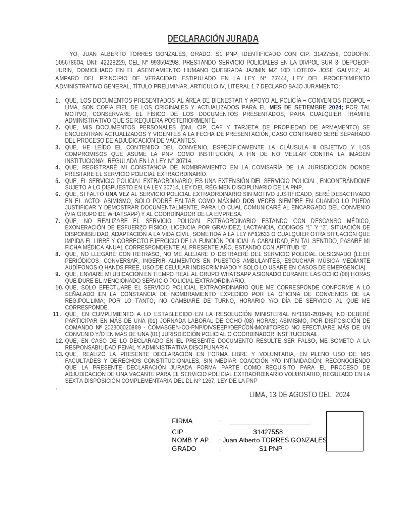 Declaración Jurada de Servicio Policial | PDF | Documento de identidad ...