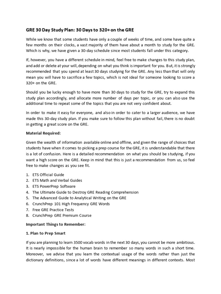 GRE+30+Day+Study+Plan+ +CrunchPrep | PDF | Graduate Record Examinations