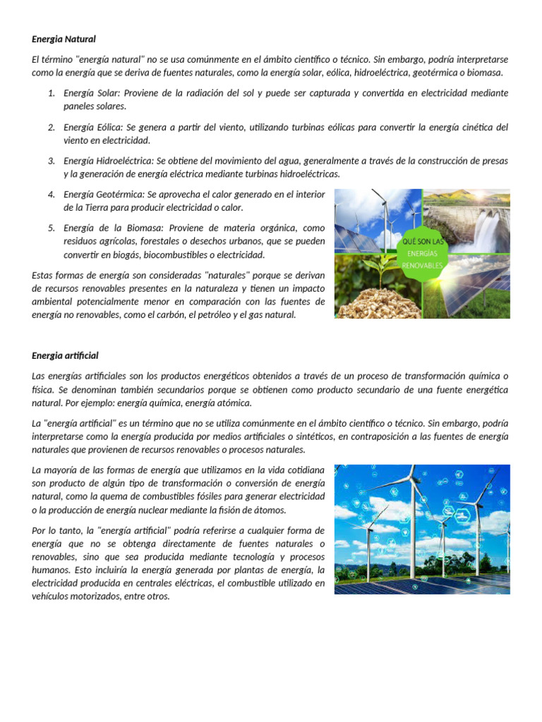 Fuentes de Energía Natural y Artificial | PDF | Energía renovable ...